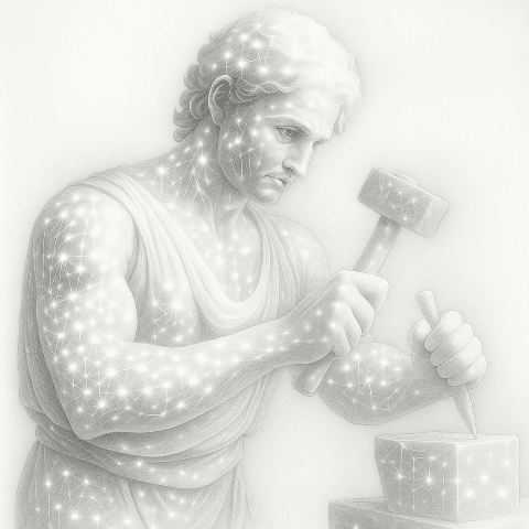 AI Generated image of a Greek mythical innovator made of ai neural net mesh
